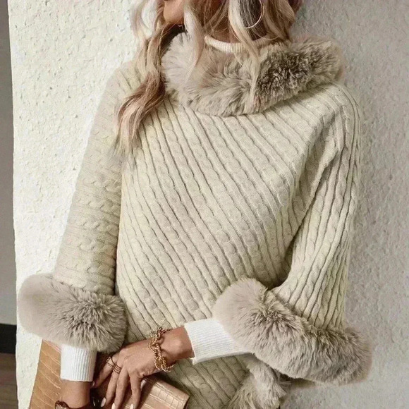 Apricot Casual Women's Turtleneck Fuzzy Trim Batwing Sleeve Poncho Sweater - Picture 5 of 7